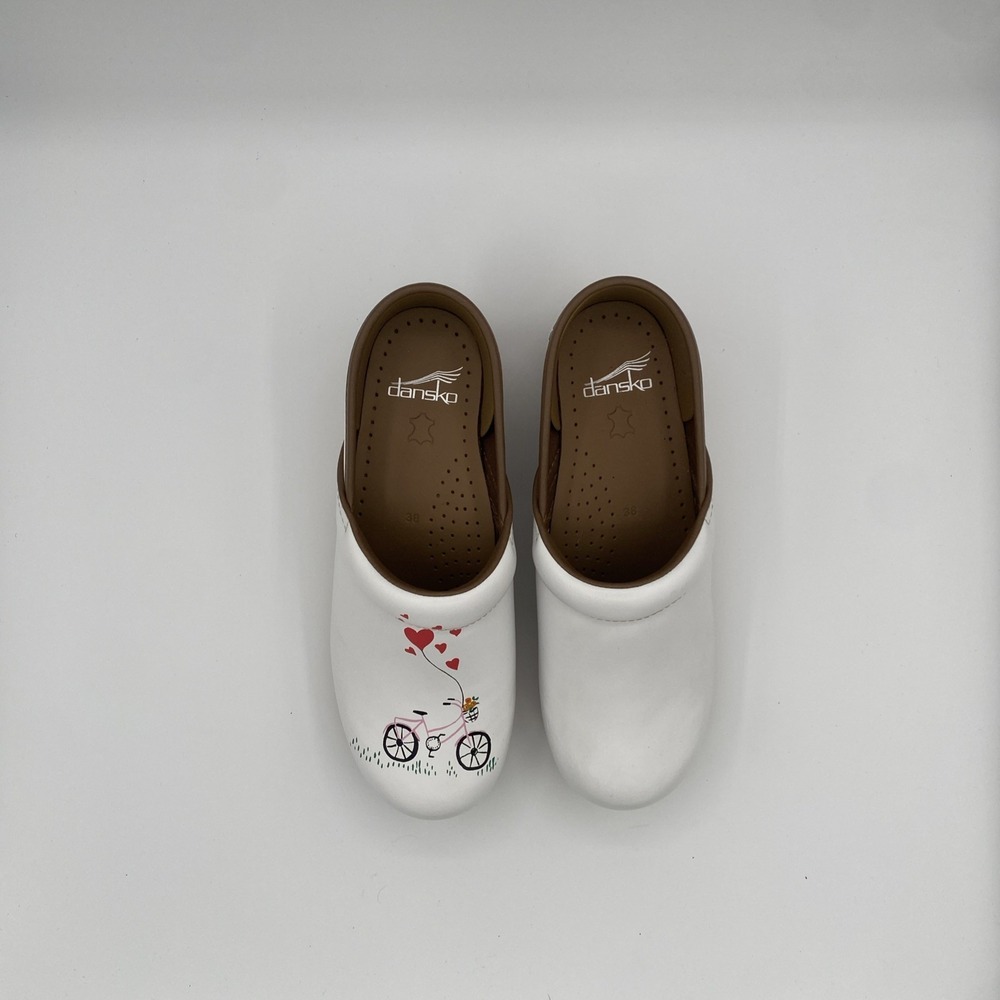 Dansko Womens Twin Pro Leather Clog 38 (US 7.5) White Bicycle Heart Balloons - Picture 3 of 9
